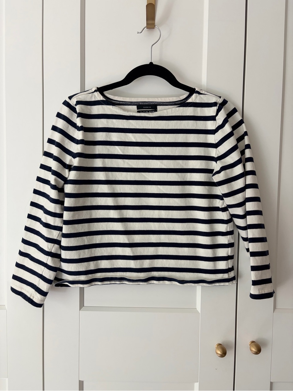 J. Crew White & Navy Striped Classic Fit Boatneck Long-Sleeve Top | S